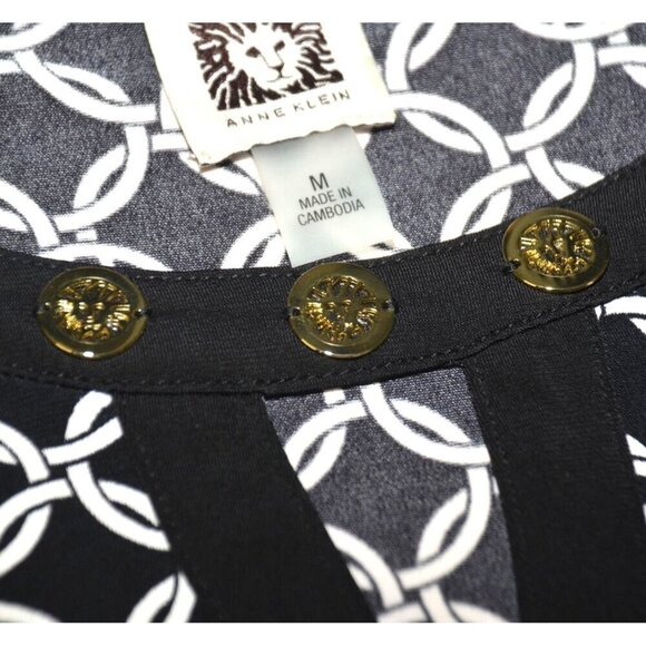 Anne Klein Ladies Black & White Blouse Tunic Top Size M Keyhole Logo Pattern - Picture 4 of 12